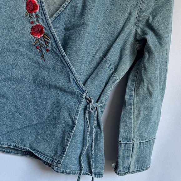 New York & Company Women’s Denim Wrap Blouse with Red Floral Embroidery, Small - Picture 6 of 8